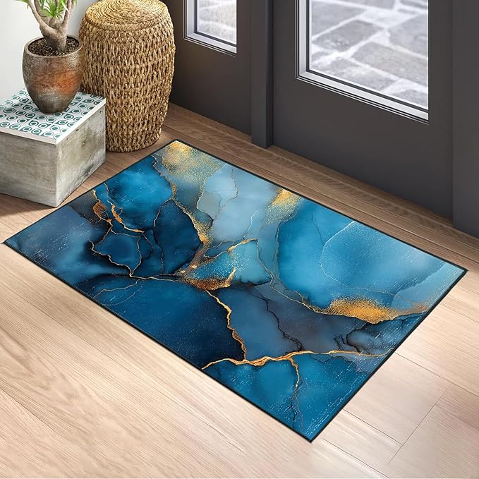 Blue Marble Area Rug 2x3 ft Entry Rug Washable Boho Rugs Non Slip Low Pile Floral Door Mat Small Carpet for Bedroom, Bedside, Kids Room, Office, Dining Room