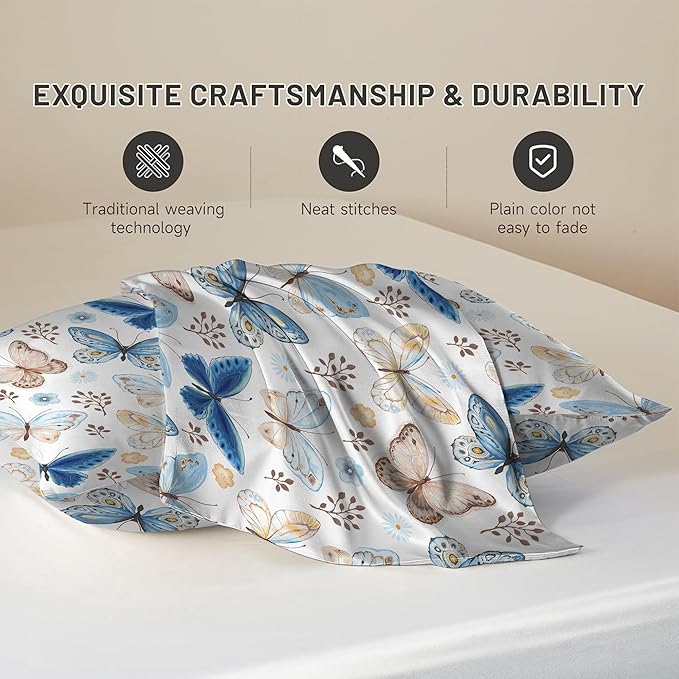 Vintage Blue Brown Butterfly 1 Pack Satin Pillowcase for Hair and Skin Floral 1 Pack Satin Pillowcase with Hidden Zipper Soft Breathable Cooling Pillow Cover Queen Size for Bedroom Sofa 20”x30”