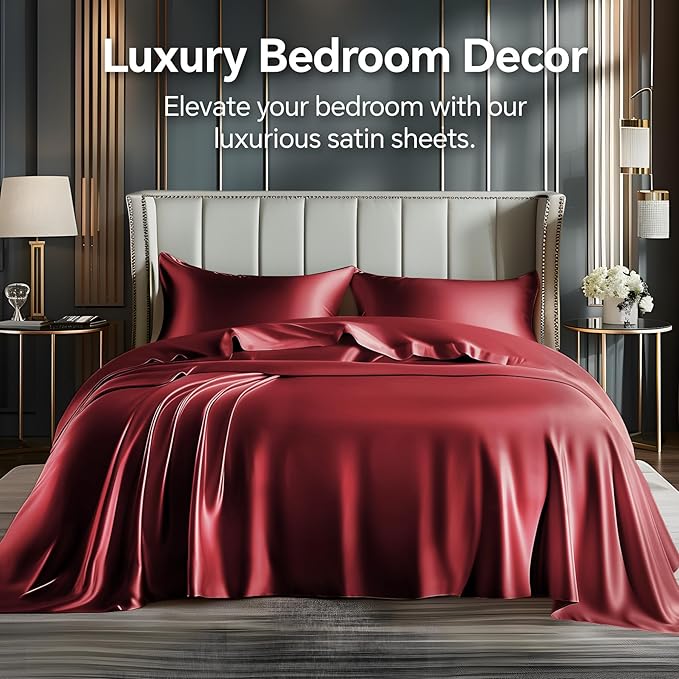 BEDELITE California King Sheets Set, Luxury Soft Burgundy Satin Sheets for Hair and Skin, Similar to Silk Bed Sheets Set 4 Pieces with 1 Deep Pocket Fitted Sheet, 1 Flat Sheet, and 2 Pillowcases