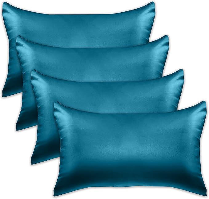 Elegant Comfort 4-Pack Cooling Viscose Satin Pillowcase Set with Hidden Zipper Closure, Silky Smooth for Hair and Skin Care-Beautiful Gift Box-4-Piece Satin Pillowcase Set, Standard/Queen, Turquoise