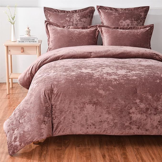 Fredsure Distressed Velvet Comforter Set, 5 Pieces Dusty Mauve King, Distressed Velvet Face and Brushed Microfiber Reverse