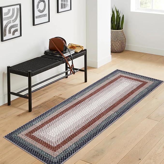 RUGSREAL 2x10 Long Hallway Runner Rug Braided Print Rug Runner Non Slip Kitchen Area Rug Washable Farmhouse Runner Carpet Rustic Accent Area Rug for Living Room Bedroom Bathroom, Olive/Brown