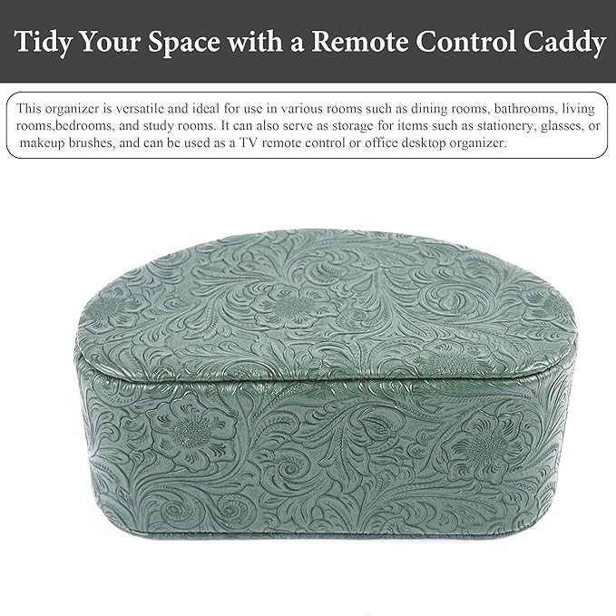 QIELIZI Remote Control Holder, PU Leather Remote Caddy Desktop Organizer with 5 Spacious Compartments for TV Remotes/Media Controllers/Office Supplies (1-Carved3 Green1