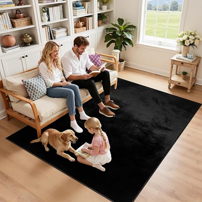 SHACOS Silky Soft Faux Rabbit Fur Area Rug 3'x5' Non Slip Washable Padded Medium Thick Rugs Fluffy Cozy Indoor Modern Carpet for Living Room Bedroom Dining Room Kids Room Dorm Home Decor, Black