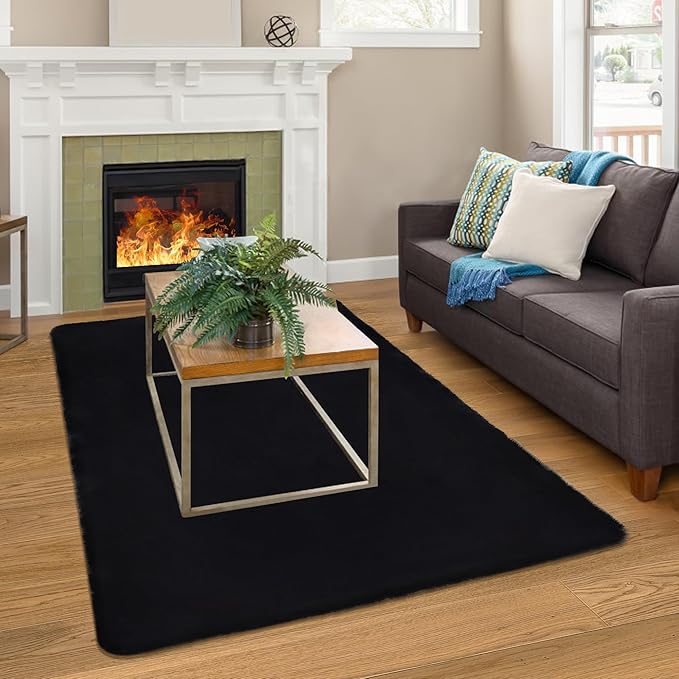 Black Faux Rabbit Fur Rug 3x5 Fluffy Fuzzy Rug for Bedroom Living Room Nursery Bedside Carpet Washable Area Rug