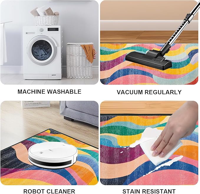 Area Rug 2x3 ft Rug Washable Boho Rugs Non Slip Low Pile Floral Small Carpet for Bedroom, Bedside, Kids Room, Office, Dining Room (Rainbow Pattern, 2x3 ft)