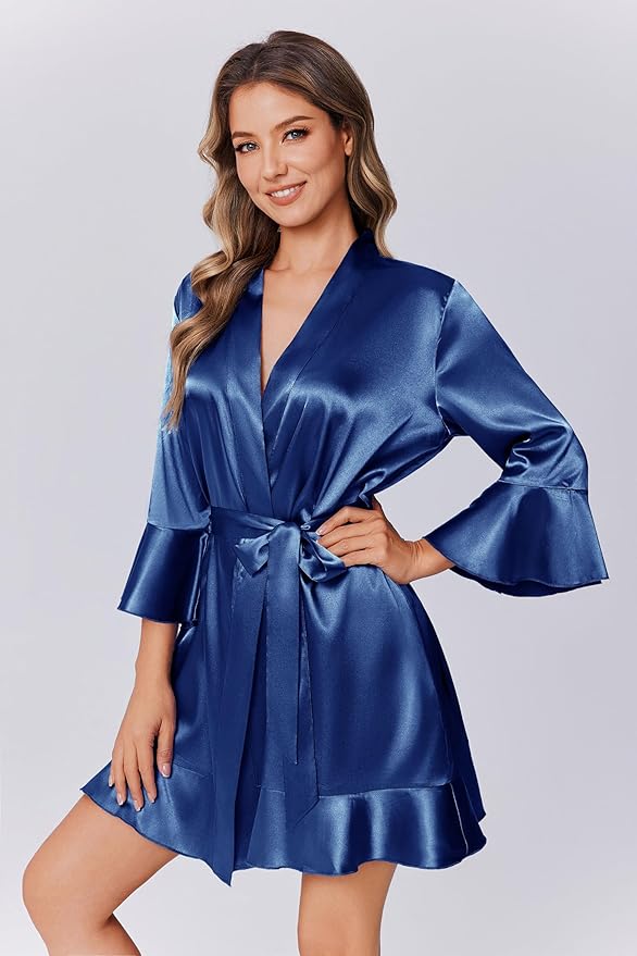Ekouaer Women's Satin Robe Short Ruffle Hem Silky Robes Lightweight Kimono Brides Bathrobes Sleepwear XS-XXL