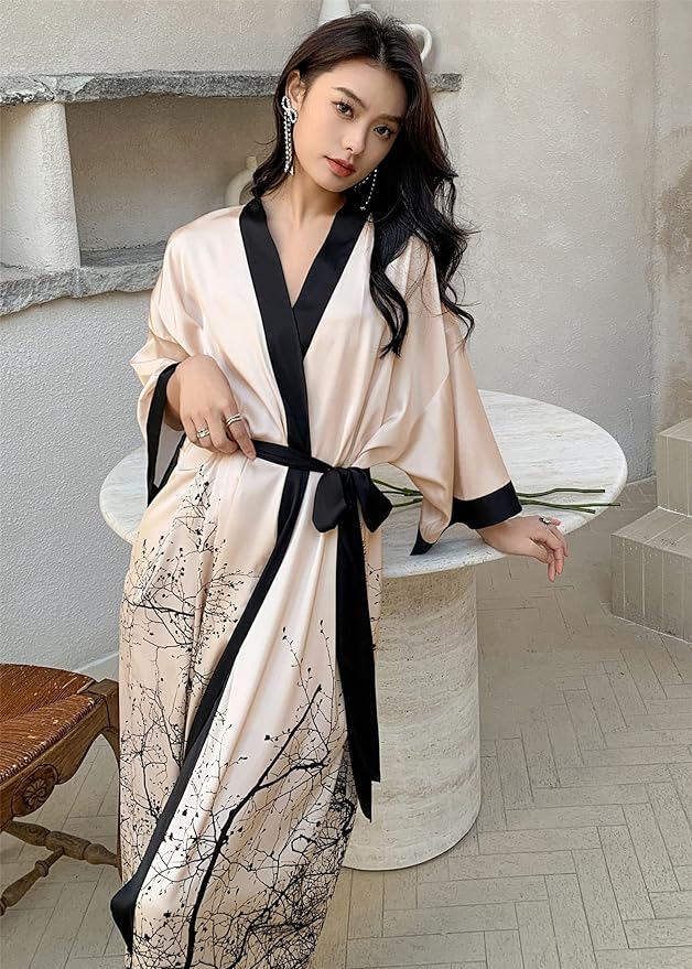 Kihnop Women's Floral Long Kimono Robe Long Satin Robe Long Silk Robe Ladies Kimonos Silky Bathrobe Cover Up, One Size