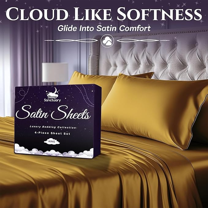 SLEEP SANCTUARY Satin Sheets King Size – 4 Piece Luxury Silky Bed Set, Softer Than Silk, 15" Deep Pocket, Cooling & Wrinkle-Free, Moisture-Wicking & Breathable for Hair & Skin (Gold)