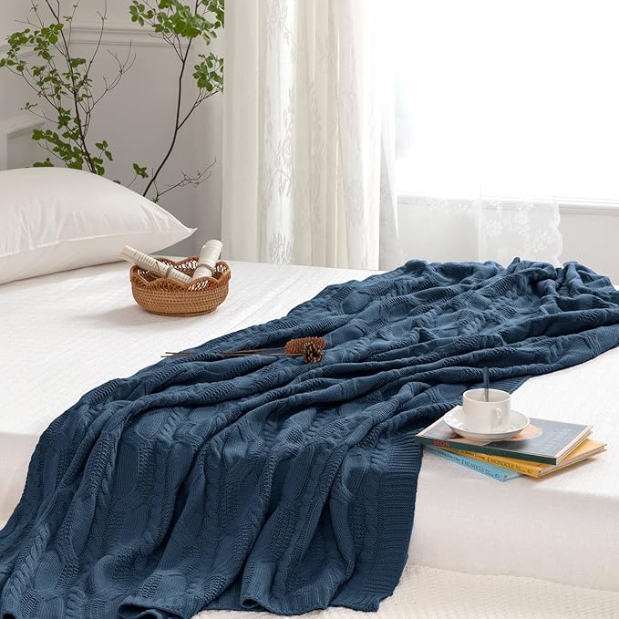 Aormenzy Dark Slate Blue Knit Throw Blankets Oversized Cable Knit Decorative Throw Blanket Rust Soft Cozy Knitted Blanket for Sofa Couch Bed, 60" x 80"