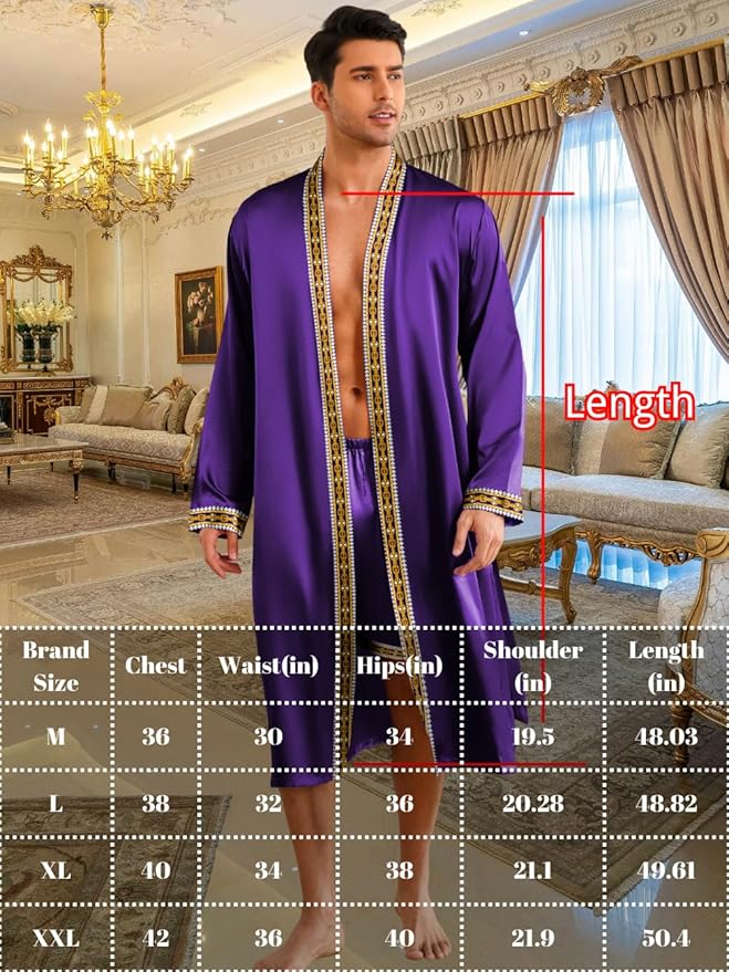ChiaoLezhee Mens Satin Bath Robe with Shorts Set, Silk Paisley Kimono Lightweight, Soft Long Sleeve Sleepwear