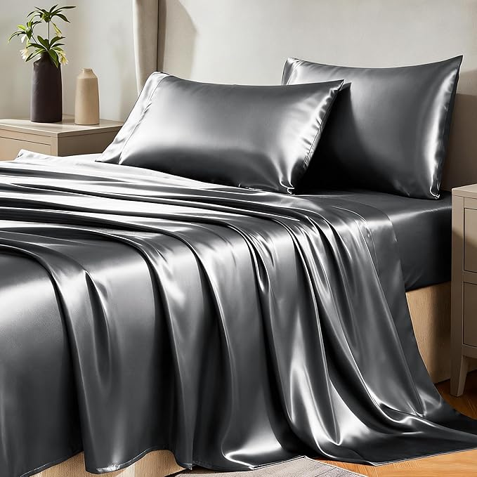 CozyLux Satin Sheets Full Size Sheets - 4 Piece Silky Full Size Bed Sheets, Luxury Dark Grey Full Bed Set with Smooth and Soft Microfiber, Includes 1 Fitted Sheet, 1 Flat Sheet and 2 Pillowcases