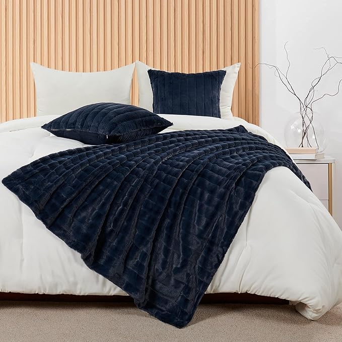 Striped Throw Blanket and Pillow Covers Set (No Inserts) for Couch and Bed, Plush Warm Lightweight Fuzzy Faux Fur Blanket for All Seasons (50" x 60", Dark Blue)