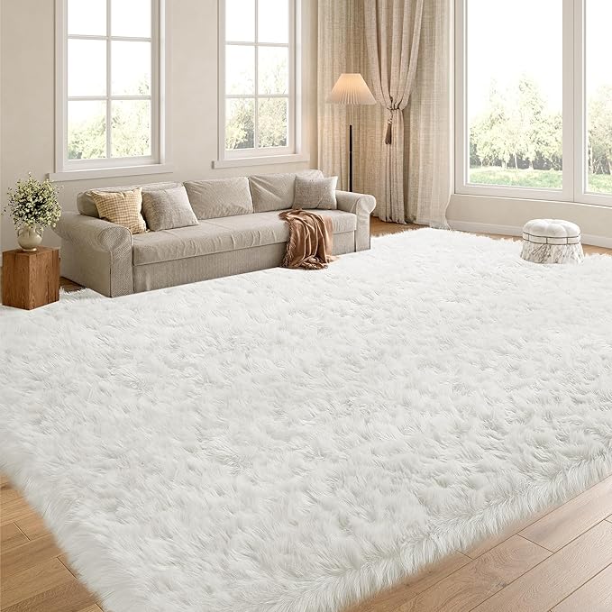 HOMBYS 10x14 Oversized Faux Fur Area Rug for Living Room Bedroom, Super Soft & Fluffy White Faux Sheepskin Play Carpet for Kids Children, Luxury Plush Furry Décor Shaggy Feet Mat for Bedside