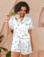 Ekouaer Womens Silk Pajama Sets Button Up Satin Pjs Short Sleeve 2 Piece Pj Sets Cute Lounge Sets with Chest Pocket