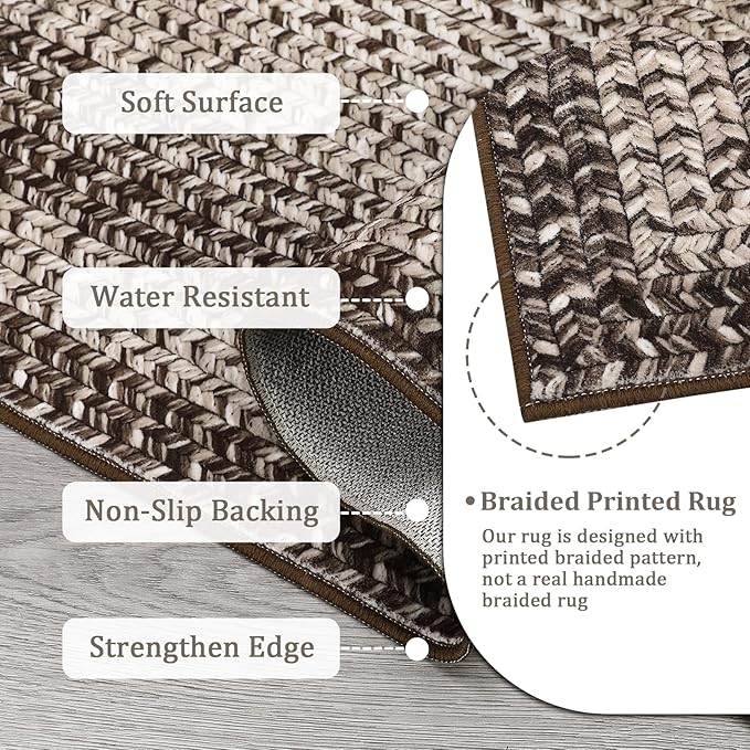 RUGSREAL Entryway Rug 2x3 Small Bedside Throw Mat with Rubber Backing Machine Washable Living Room Rug Non Slip Bathroom Mat Stain Resistant Braided Print Carpet for Dining Room Kitchen Hallway, Mocha