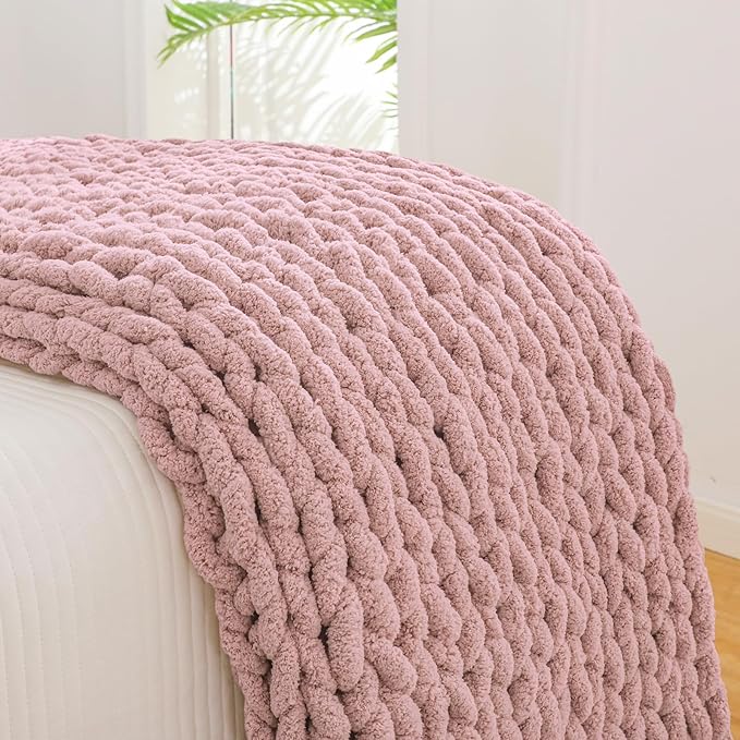 YAAPSU Chunky Knit Throw Blanket for Couch, 51"x63", 100% Hand Knitted Thick Cable Knit with Cozy Jumbo Chenille Yarn, Soft Large Rope Knot Crochet Blankets for Sofa Bed Living Room Décor, Dusty Pink