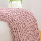 YAAPSU Chunky Knit Throw Blanket for Couch, 51"x63", 100% Hand Knitted Thick Cable Knit with Cozy Jumbo Chenille Yarn, Soft Large Rope Knot Crochet Blankets for Sofa Bed Living Room Décor, Dusty Pink