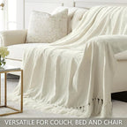 Chenille Throw Blanket for Couch 60"X 80" Twin, Soft Cozy Throws with Fringe Tassel for Bed Sofa Chair Cover, Lightweight Knitted Decorative Boho Blankets for Living Room, Ivory White