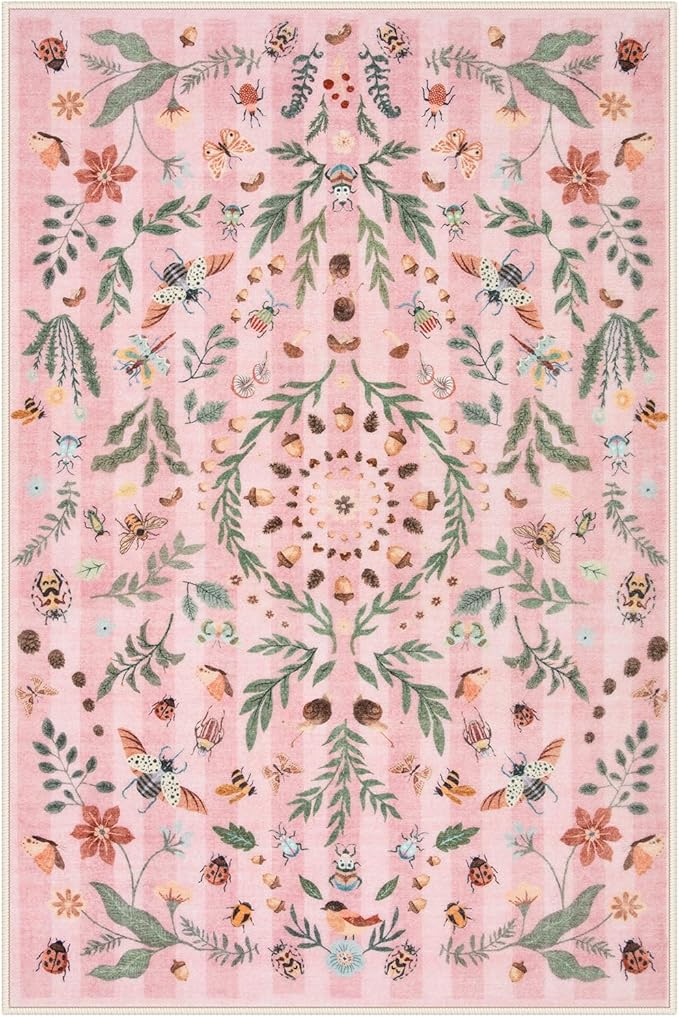 Lahome Chloe Insect Botanical 2x3 Small Pink Rugs for Bedroom Washable Bathroom Rugs, Boho Floral Door Mat Indoor Entrance, Soft Non-Slip Indoor Throw Carpet for Bedside Entryway Laundry(Pink,2'x3')