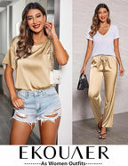 Ekouaer Womens Satin Silky Pajama Set Short Sleeve Shirt with Long Pajama Pant Set Soft PJ Loungewear