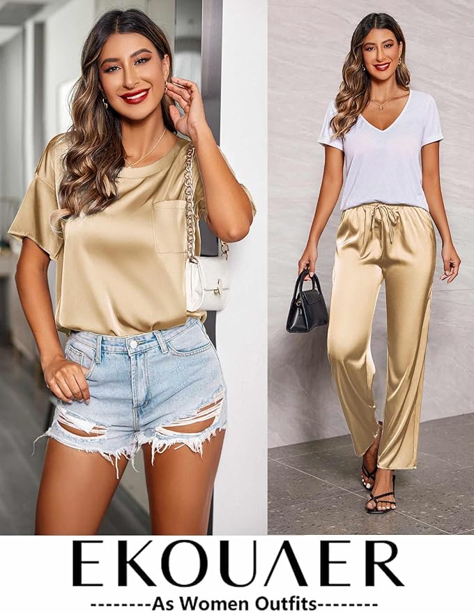 Ekouaer Womens Satin Silky Pajama Set Short Sleeve Shirt with Long Pajama Pant Set Soft PJ Loungewear