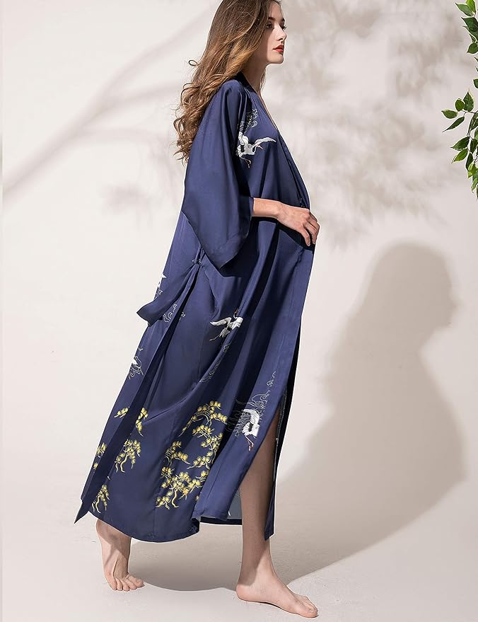 Aensso Long Soft Lightweight Silky Kimonos Robes for Women, Luxury Japanese Floral Womens Kimono Robe