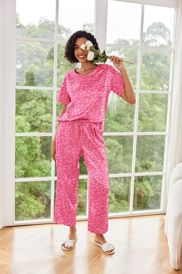 Ekouaer Womens Satin Silky Pajama Set Short Sleeve Shirt with Long Pajama Pant Set Soft PJ Loungewear