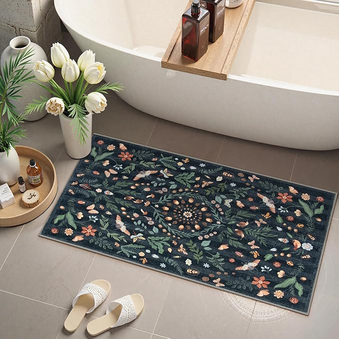 Lahome Insect Botanical 2x4 Black Kitchen Runner Rugs Non Skid Washable, Rug Runners for Hallways Non Slip Bathroom Carpet Runner, Soft Indoor Runners for Entryway Laundry Bedroom(Black,2x4)