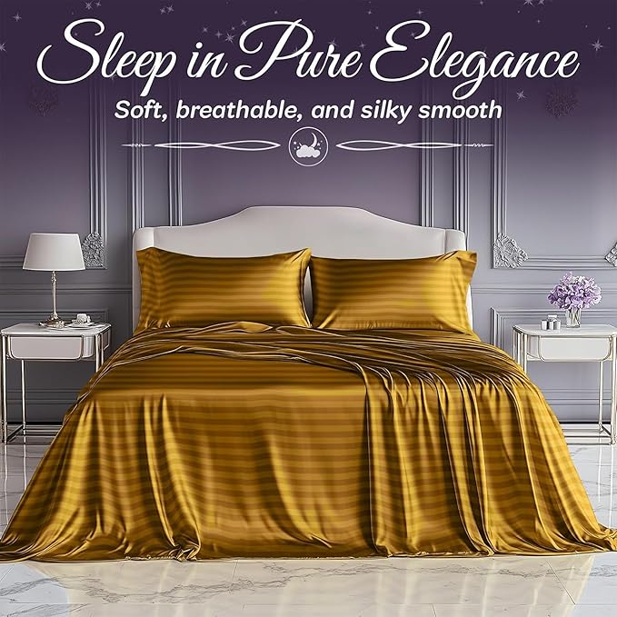 SLEEP SANCTUARY Satin Sheets Queen Size – 4 Piece Luxury Silky Bed Set, Softer Than Silk, 15" Deep Pocket, Cooling & Wrinkle-Free, Moisture-Wicking & Breathable for Hair & Skin (Striped Gold)