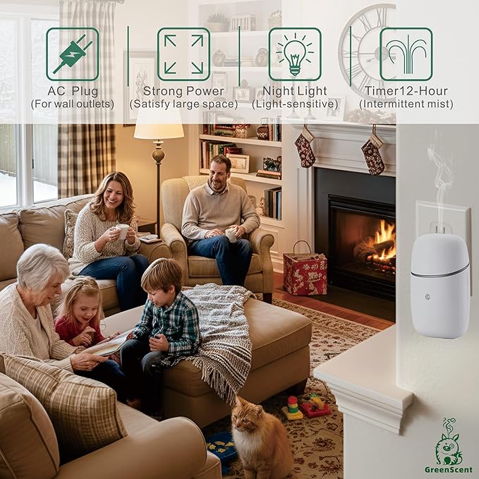 Waterless Essential Oil Diffuser : Plug in Diffuser for Bathroom, Bedroom, Living Room, Kitchen. Daily 12H Timer Intermittent Dry Mist, Fits 10ml Oil Bottles,(2026 New Model)