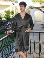 Ekouaer Mens Satin Robe Lightweight Silky Kimono Bathrobe 3/4 Sleeve Spa Knee Length Loungewear with Pockets S-3XL
