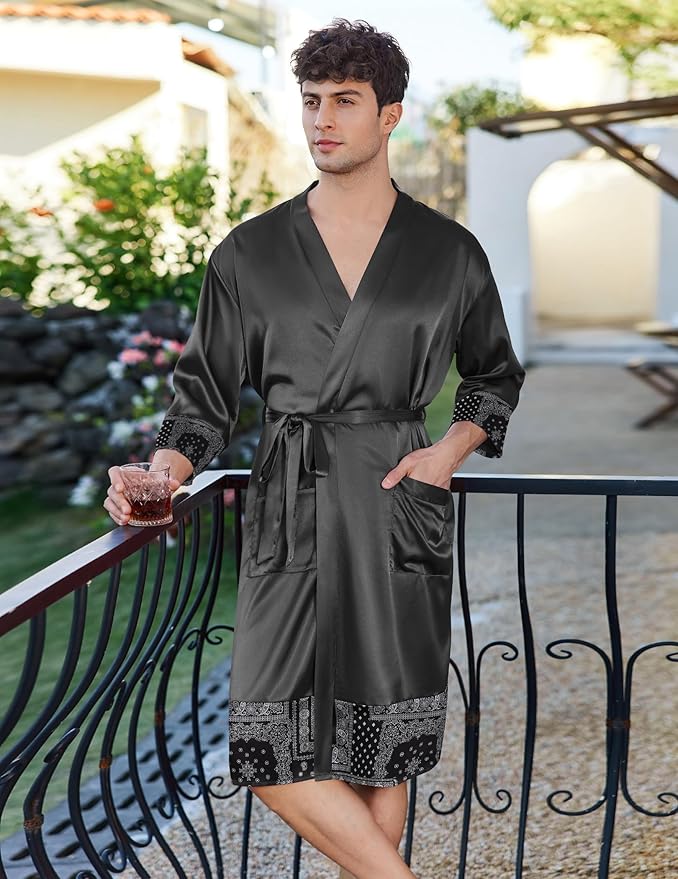 Ekouaer Mens Satin Robe Lightweight Silky Kimono Bathrobe 3/4 Sleeve Spa Knee Length Loungewear with Pockets S-3XL