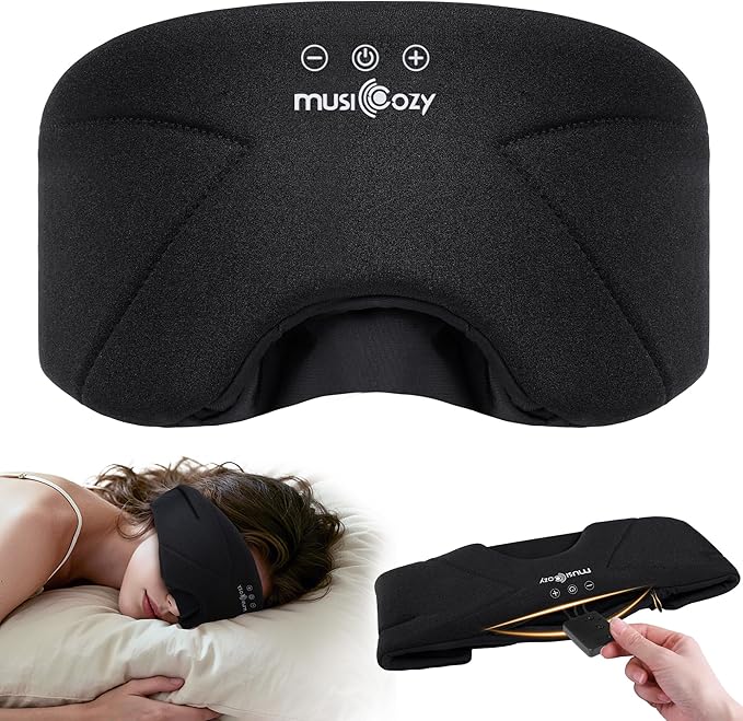 MUSICOZY Bluetooth Sleep Mask Headphones 5.4, Wireless Over-Ear Headphones Washable Zipper Sleep Headphones Mask with HD Stereo Speakers for Side Sleepers Travel & Relaxation, Gifts for Men Women