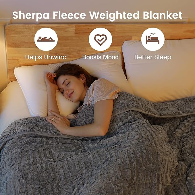 Sherpa Fleece Adult Weighted Blanket Great for Sleep, 15 lbs Dual Sided Soft Fuzzy Heavy Blankets for Couch Bed Sofa, Cozy Warm Fluffy Arched Jacquard Throw for Winter (Grey, 60" x 80", 15 Pounds)
