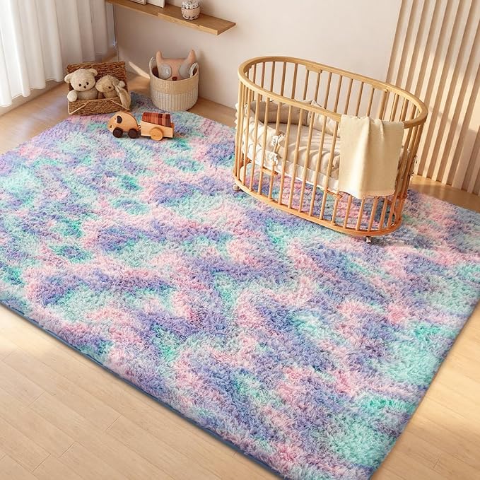 Litanika 9x12 Fluffy Shag Faux Fur Area Rug for Living Room Bedroom, Tie-Dyed Blue Rainbow High Pile Soft Plush Furry Bedside Playroom Dorm Carpet, Non-Slip, Non-Shedding Modern Indoor Floor Rug