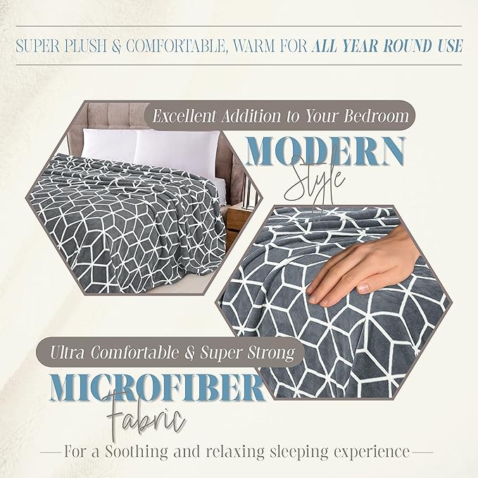 Elegant Comfort Luxury Velvety Feel Blanket, All-Season Lightweight Blanket, Ultra Plush, Soft, Cozy-Fuzzy Flannel Fleece for Couch, Sofa, Bed, Travel, Cube Design, Full/Queen, Gray