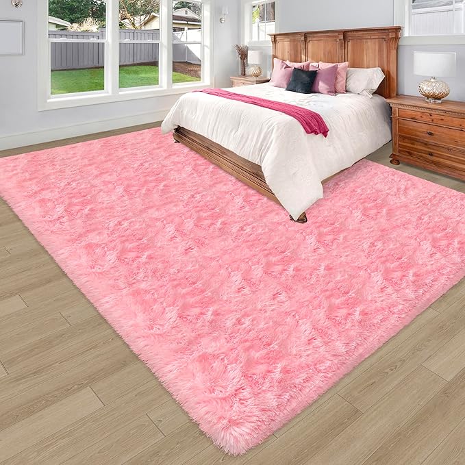 Fluffy Rugs for Living Room 8x10 Feet Pink Fur Rug Soft Shaggy Rug for Bedroom Girls Modern Indoor Furry Floor Carpet Washable Plush Fuzzy Kids Area Rug for Nursery Princess Teen Dorm