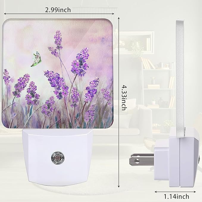 Lavander Flower Butterfly Night Light, Night Light Plug into Wall with Dusk to Dawn Sensor, LED Lamp Energy Saving Lights for Men Women Boys Girls,Lamp for Bedroom Bathroom Hallway