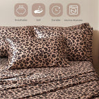 MR&HM Satin Bed Sheets with Elastic Corner Straps, Queen Size Sheets Set, 6 Pcs Silky Bedding Set with 15 Inches Deep Pocket for Mattress (Queen, Brown Leopard)