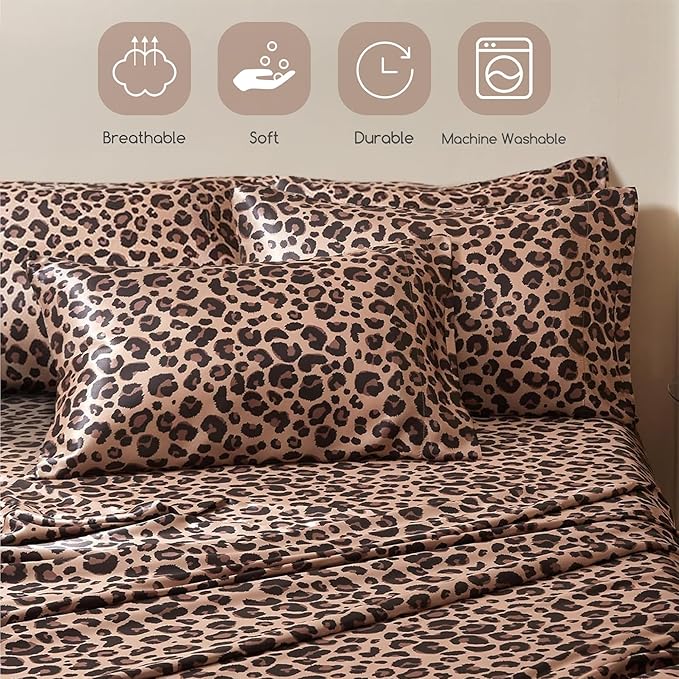 MR&HM Satin Bed Sheets with Elastic Corner Straps, Full Size Sheets Set, 6 Pcs Silky Bedding Set with 15 Inches Deep Pocket for Mattress (Full, Brown Leopard)