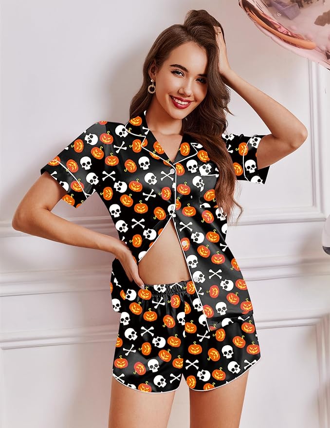 Ekouaer Womens Silk Satin Pajamas Short Sleeve PJS Shorts Set Soft Button Down Sleepwear 2 Piece Loungewear S-5XL