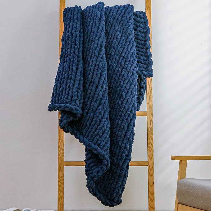 YAAPSU Chunky Knit Throw Blanket for Couch, 51"x63", 100% Hand Knitted Thick Cable Knit with Cozy Jumbo Chenille Yarn, Soft Large Rope Knot Crochet Blankets for Sofa Bed Living Room Décor, Navy Blue