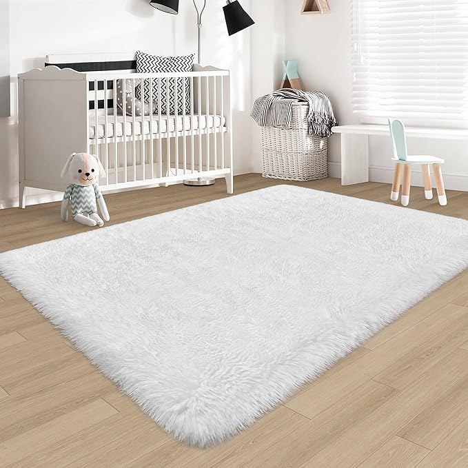 White Fluffy Area Rugs for Bedroom Living Room 4x6 Large Shaggy Soft Fur Throw Rug Non Slip Modern Indoor Furry Floor Carpet Washable Plush Fuzzy Kids Rug for Nursery, Baby, Teen Dorm Room