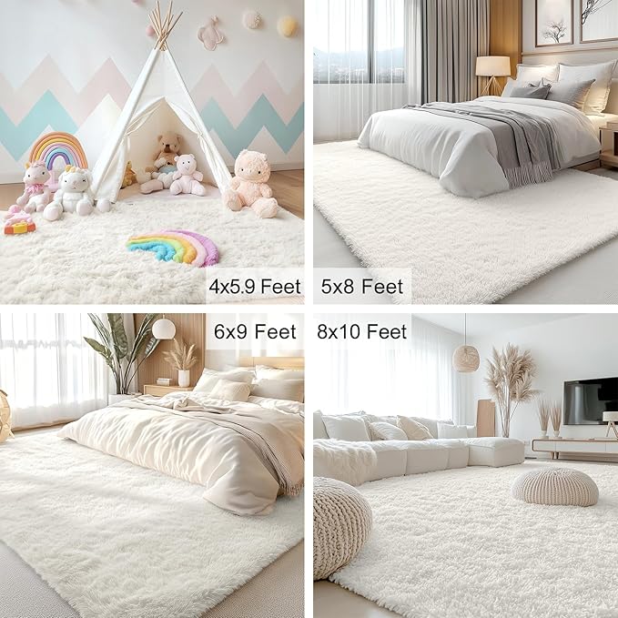OLANLY 4x11 Area Rugs for Living Room Bedroom, Machine Washable Soft Fluffy Shaggy Bedside Rug, Indoor Floor Carpet for Kids Girls and Boys, Dorms, Nursery Rooms, Home Decor Aesthetic, Ivory