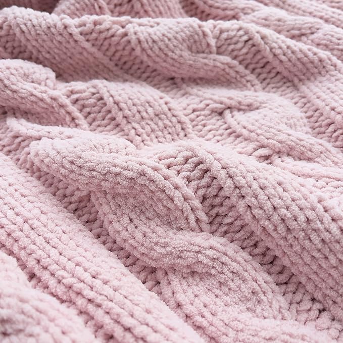 Chenille Chunky Knitted Throw Blanket with 14 pcs Pom Poms Tassel Super Soft Cozy Warm Blanket for Sofa Bed Soft Couch 50 x60 inches (Pink)?-¡­