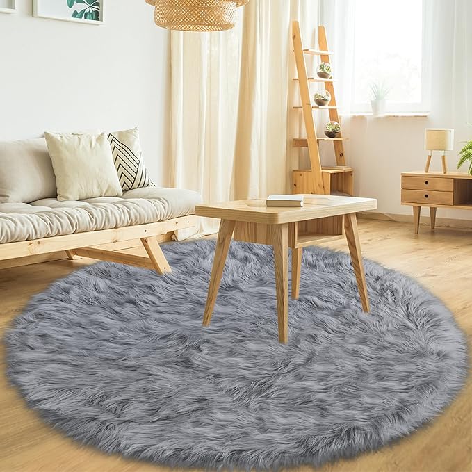 Grey Faux Fur Round Rugs for bedroom Living Room, 5'X5' Fluffy Circle Rug for Kids Room, Furry Carpet for Teen Girls/boys Room, Non-Slip Shaggy Circular Rug Plush Rug