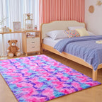 junovo 3x5 Washable Area Rug for Girls Bedroom, Tie-Dyed Hot-Pink Soft Non-Slip Fluffy Bedside Rugs, Shag Plush Memory Foam Carpet for Kids Room Baby Nursery Home Decor Aesthetic