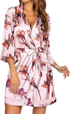 Ekouaer Women's Lace-Trim Silk Robes Bride Bridesmaid Kimono Satin Bathrobe V Neck Sleepwear with 3/4 Sleeve