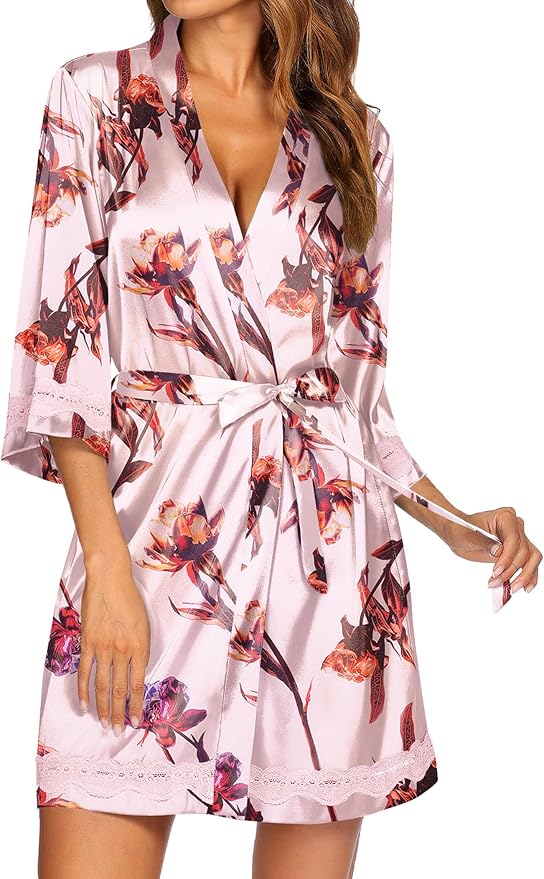 Ekouaer Women's Lace-Trim Silk Robes Bride Bridesmaid Kimono Satin Bathrobe V Neck Sleepwear with 3/4 Sleeve